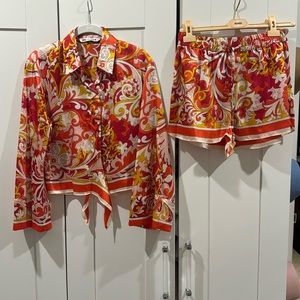 Zara printed silk like top and short set, top XS, shorts M